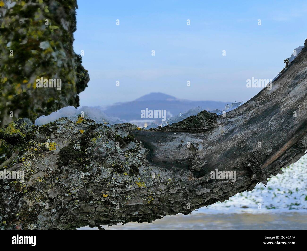 Panoramic view to the hill Hohenstaufen through a branch frame Stock Photo
