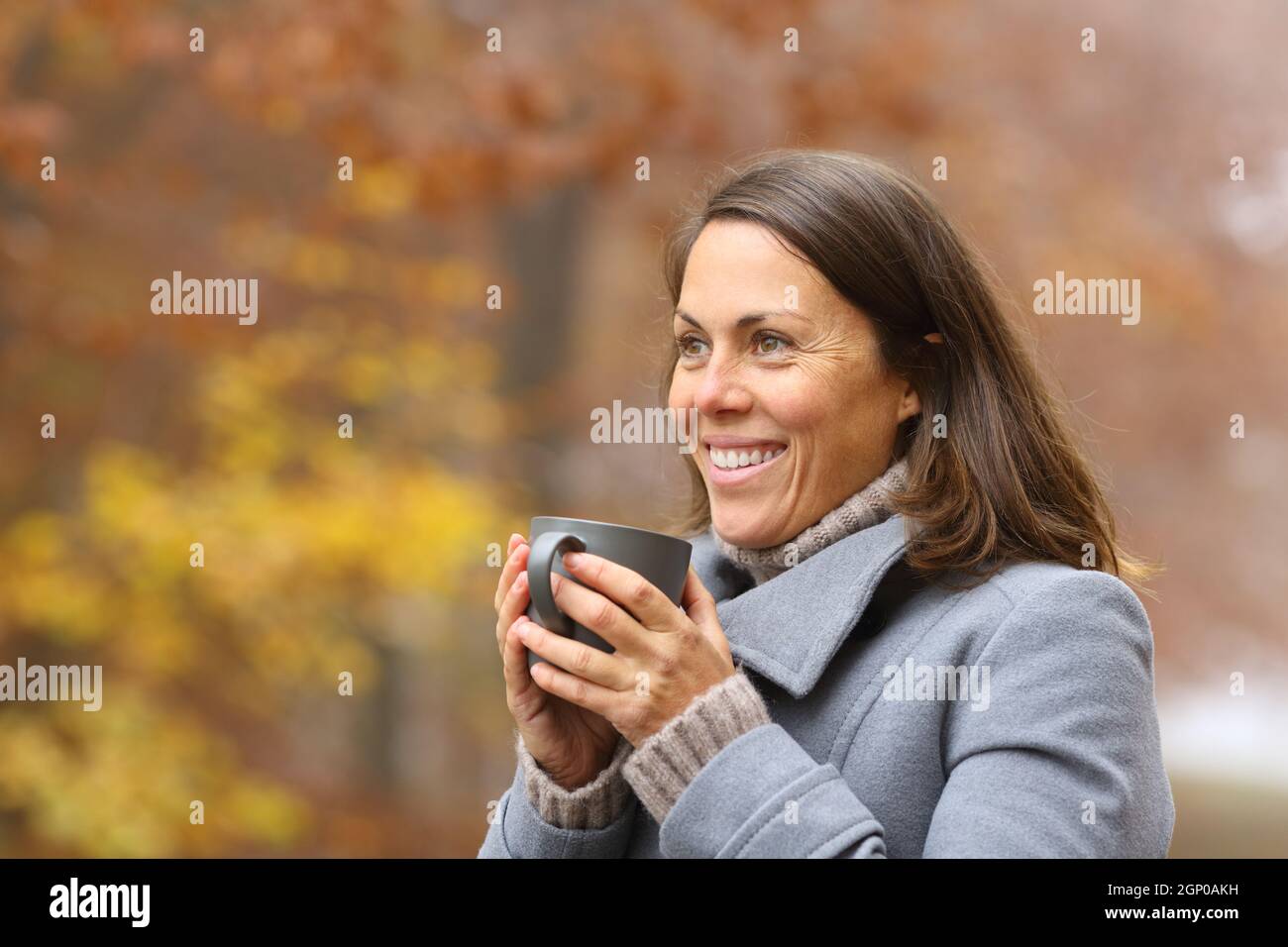 Happy woman drinking coffee looking away in winter outside in a park Stock Photo