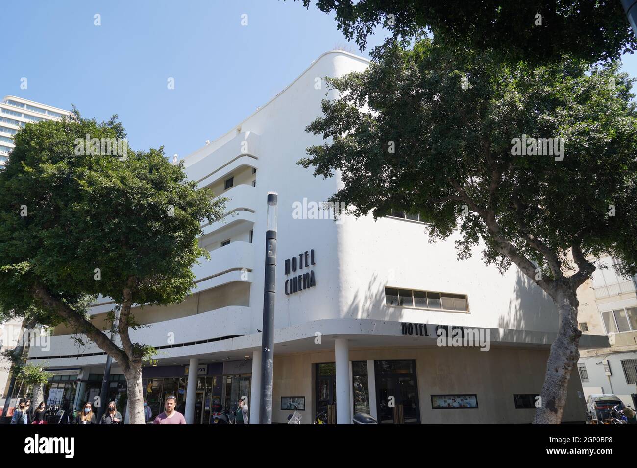 Bauhaus Architecture Hotel Cinema at Zina Dizengoff Square, in Tel Aviv White City. The White City refers to a collection of over 4,000 buildings buil Stock Photo