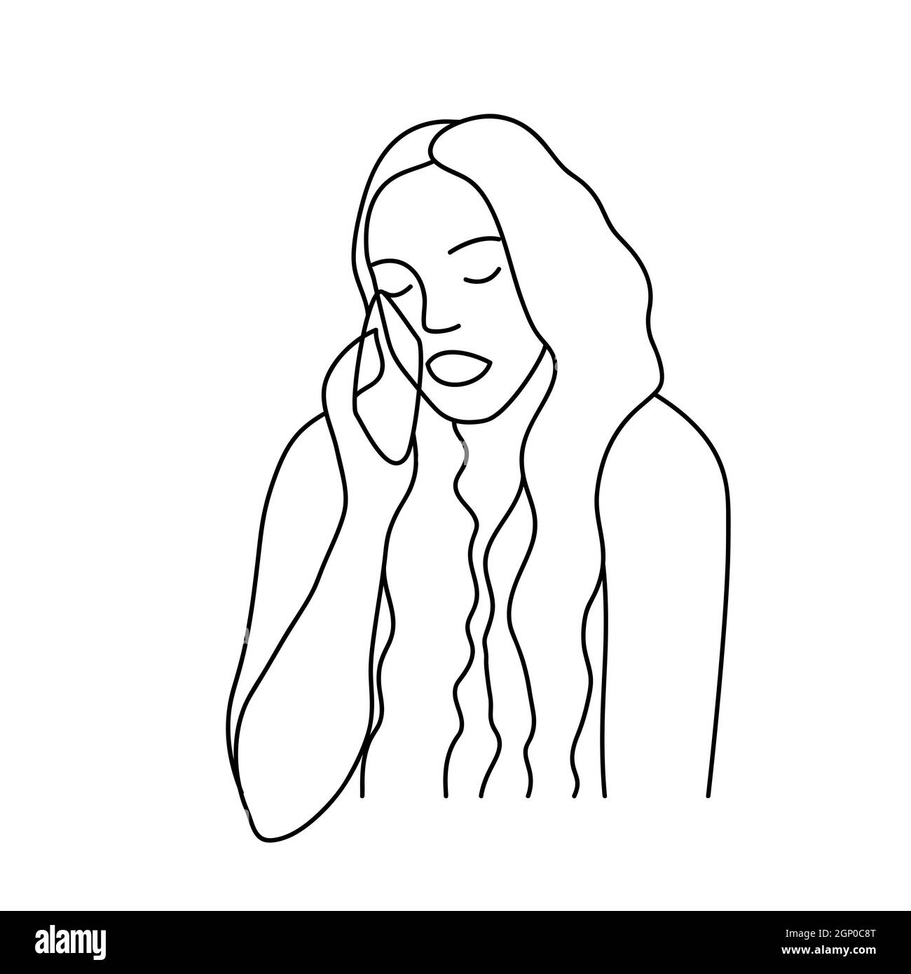 Minimalism hand drawn female vector portrait in modern abstract one line drawing graphic style. Decor print, wall art, creative design social media. Trendy template woman speaks on the phone Stock Vector