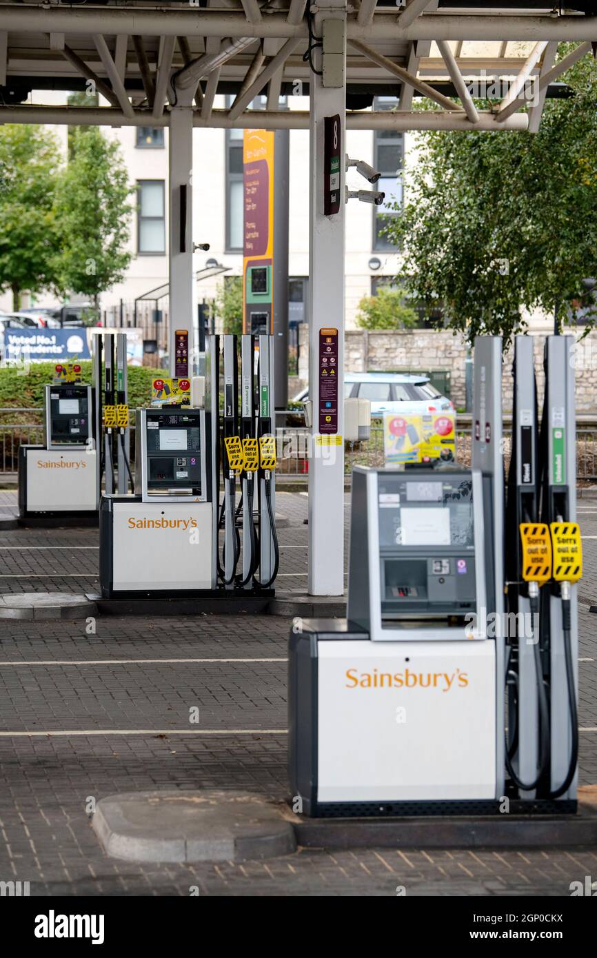 A Sainsbury's petrol station in Bath, Somerset that has run out of fuel