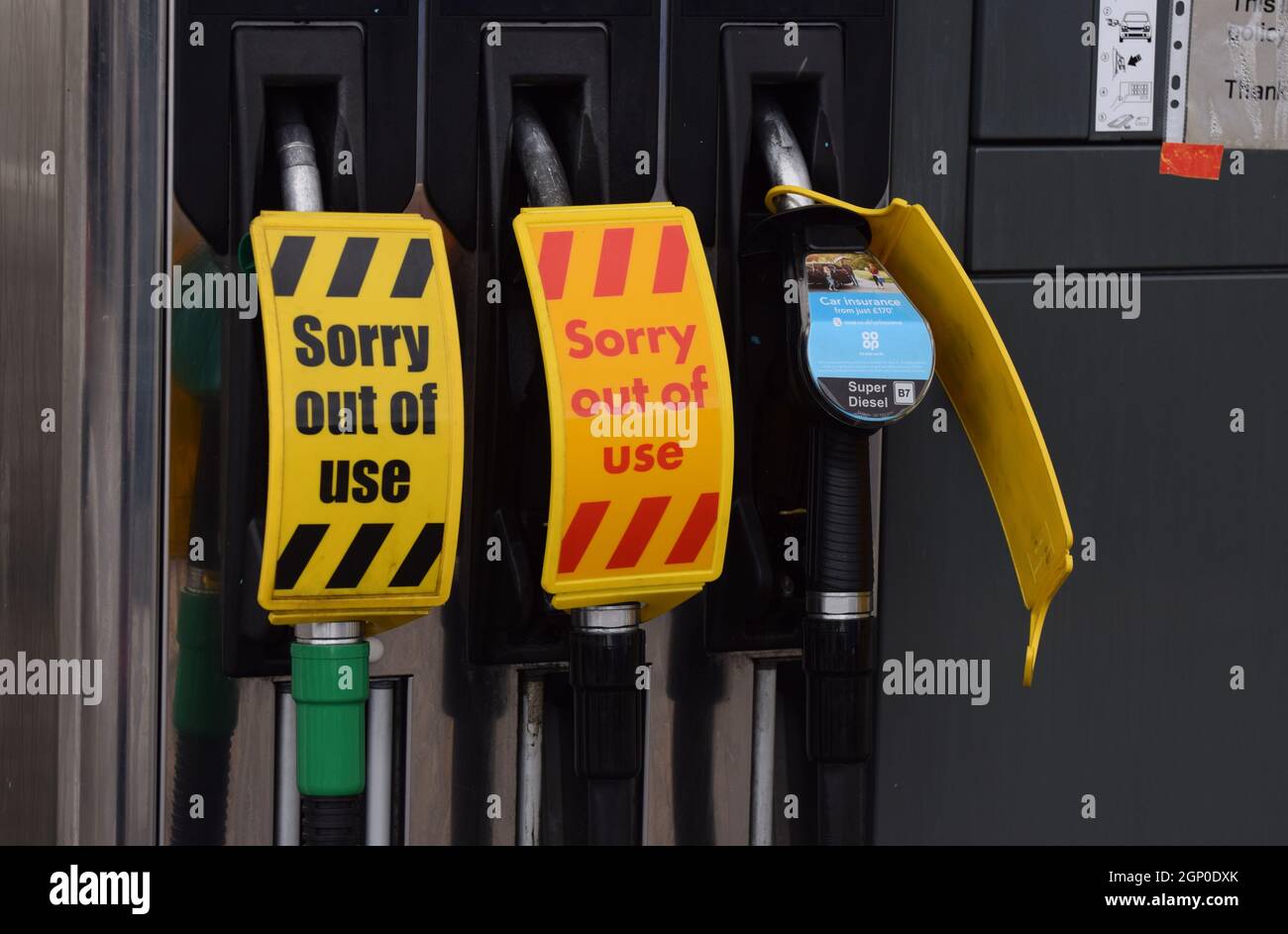 Out of use signs on petrol pumps at a fuel filling station in Wiltshire in the UK on Sept 29 2021 at the height of the October 2021 fuel crisis Stock Photo