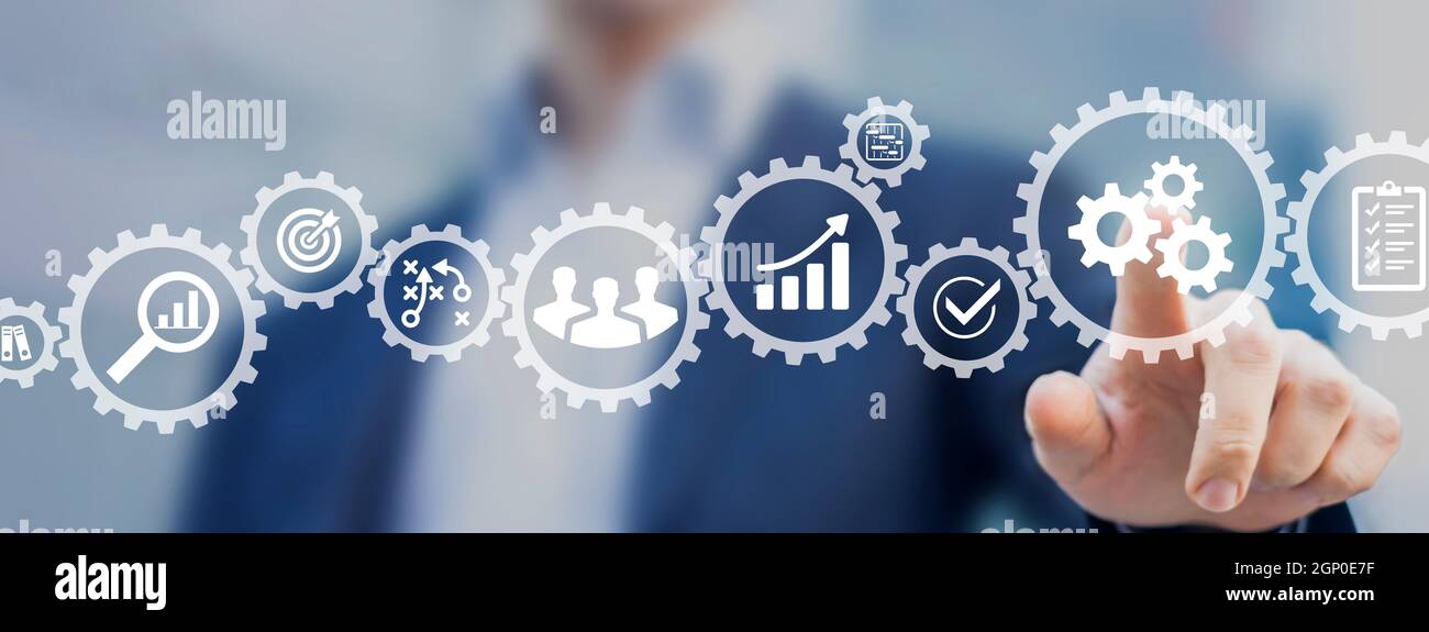 Operations management involving business process and workflow, problem solving, high performance, monitoring and evaluation, quality control. Concept Stock Photo