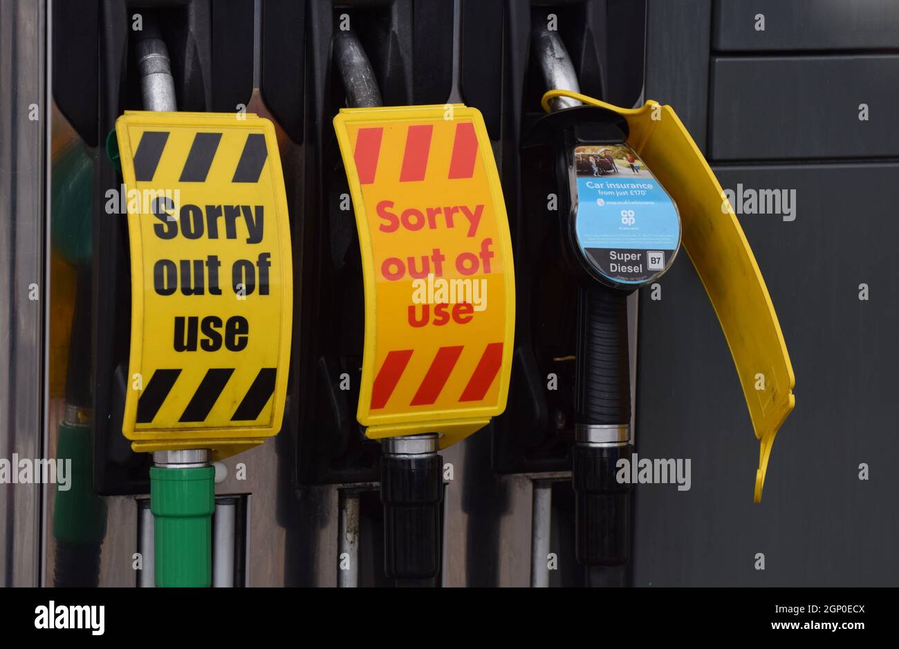 Out of use signs on petrol pumps at a fuel filling station in Wiltshire in the UK on Sept 29 2021 at the height of the October 2021 fuel crisis Stock Photo