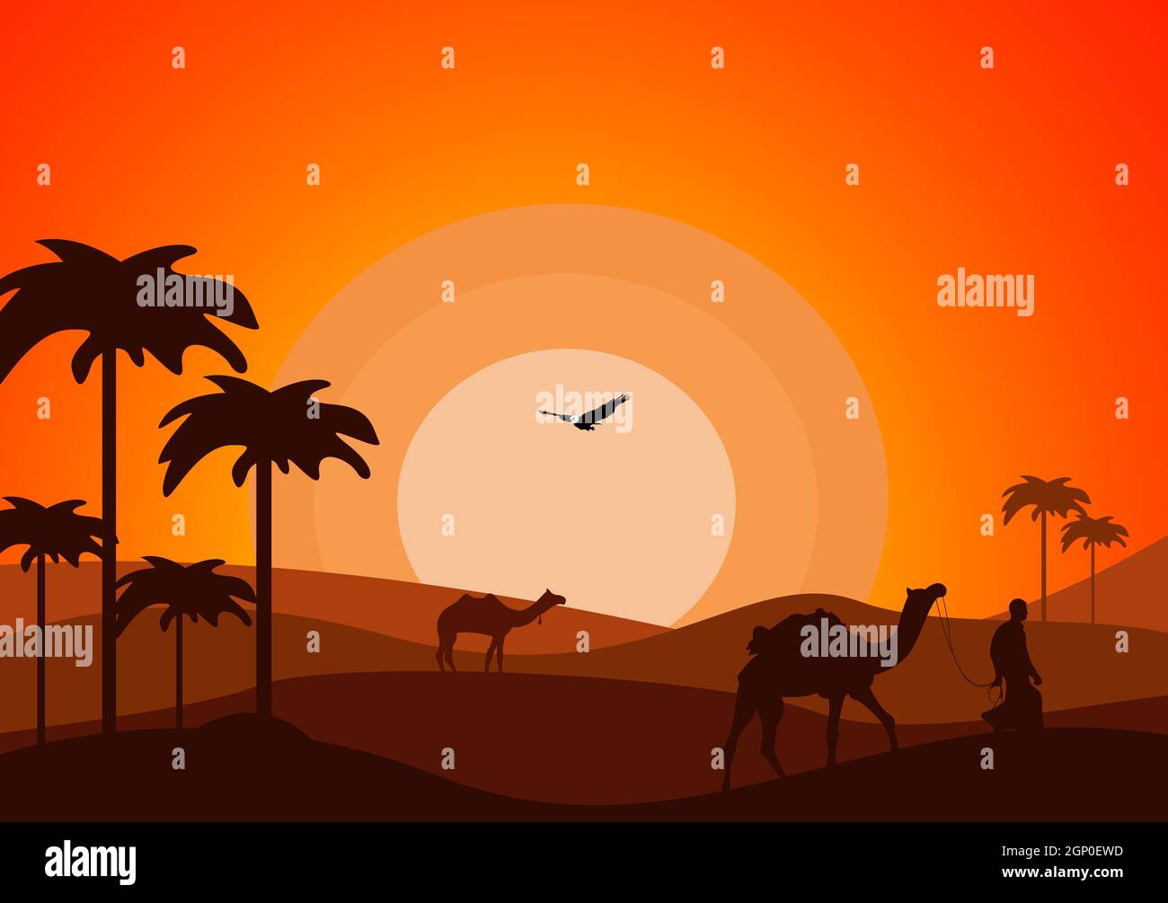 Desert Landscape with Cactus, Hills and Mountains Silhouettes. Vector ...