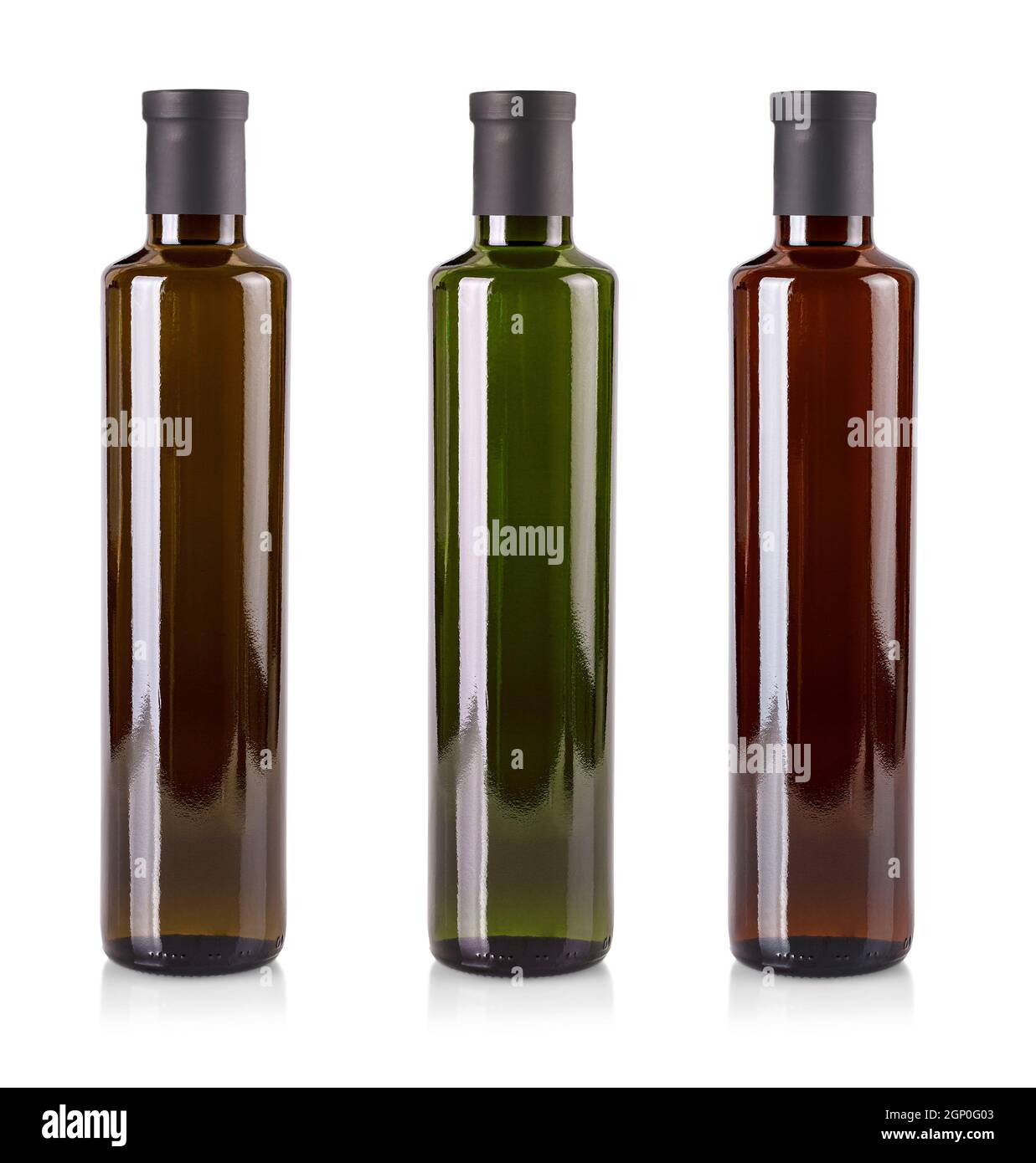 The colored olive oil bottles isolated on white background Stock Photo