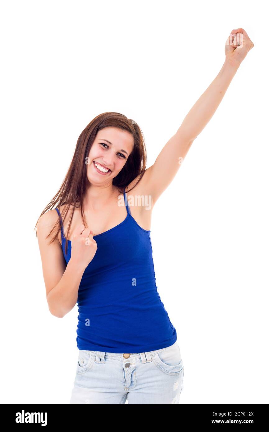 Studio shot: Happy woman with raised arms Stock Photo - Alamy
