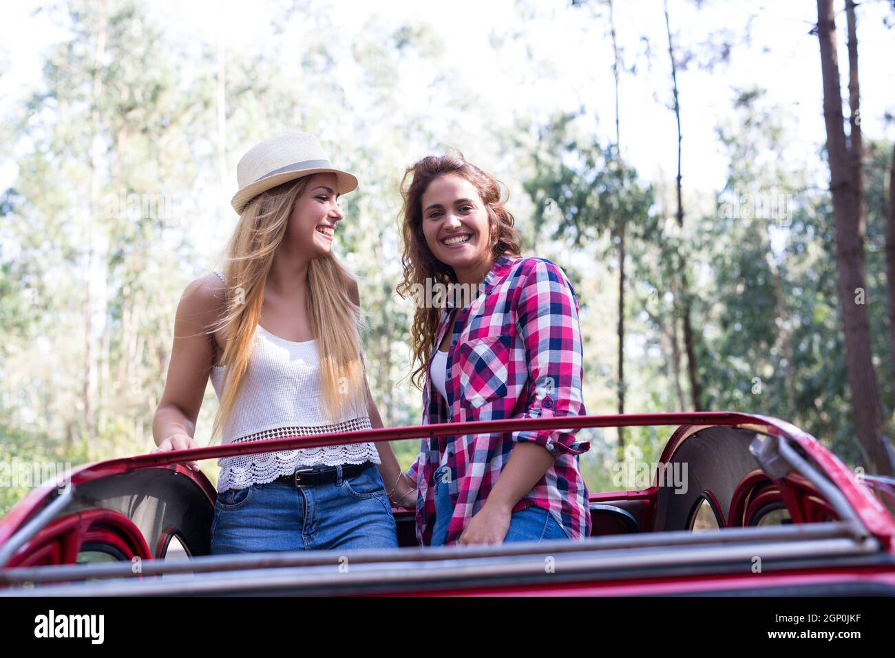 Group of friends on a roadtrip through countryside Stock Photo - Alamy