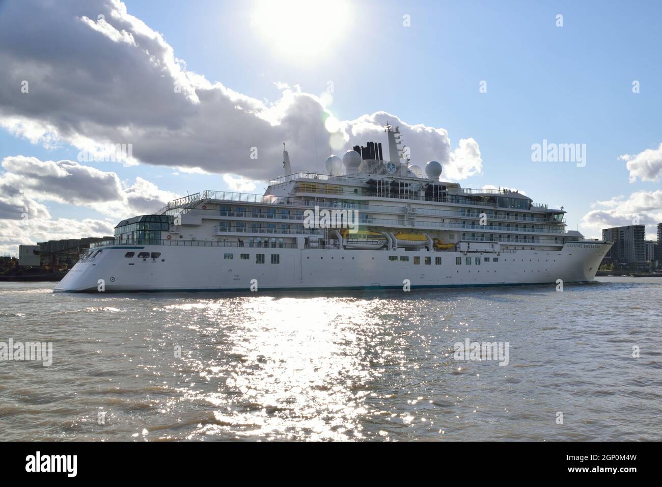 Crystal Endeavour, a 6* luxury expedition ship, operated by Crystal Cruises  arrives on the River Thames to make it's maiden port call in London with a visit to Greenwich. Stock Photo