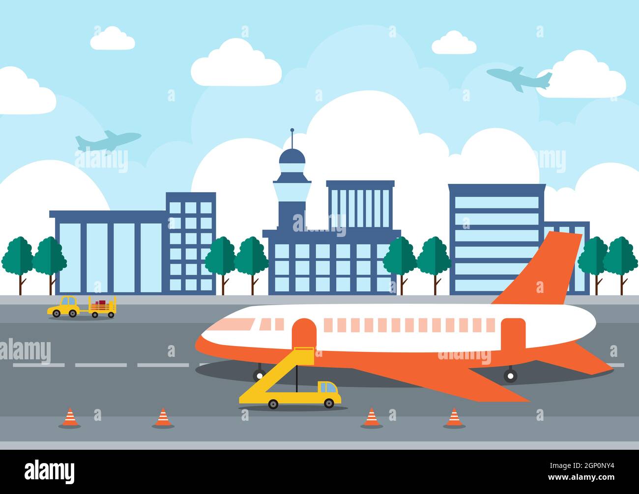 Airport Terminal building with infographic aircraft taking off and Different transport types elements templates Vector illustration Stock Vector