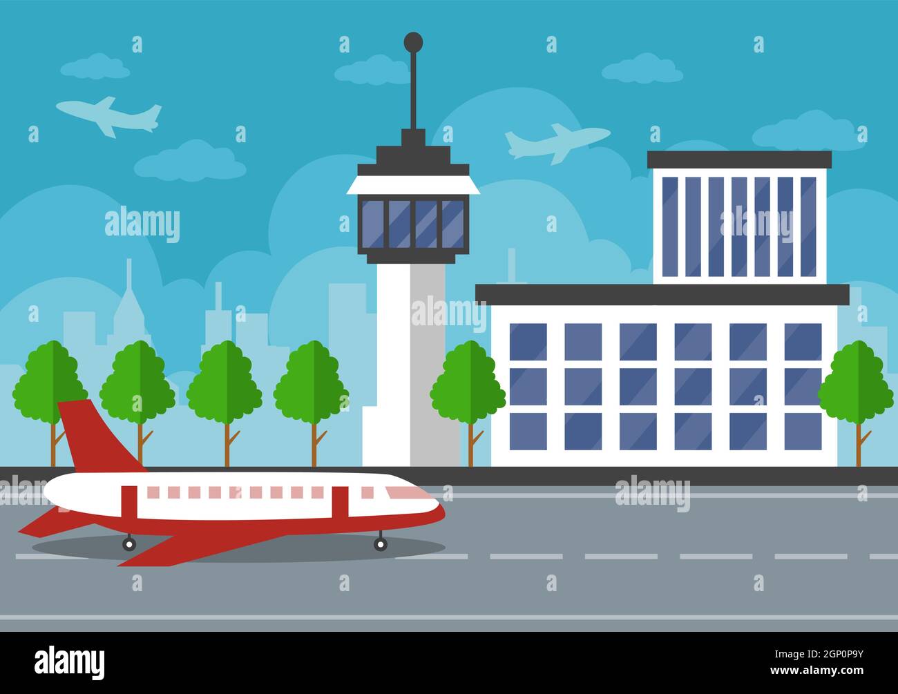 Airport Terminal building with infographic aircraft taking off and Different transport types