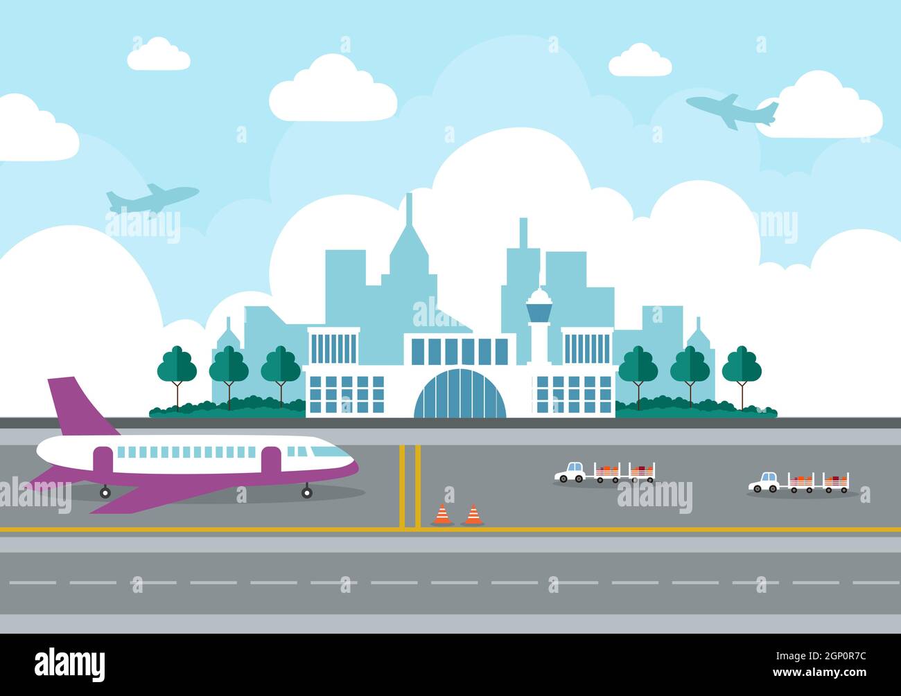 Airport Terminal building with infographic aircraft taking off and Different transport types