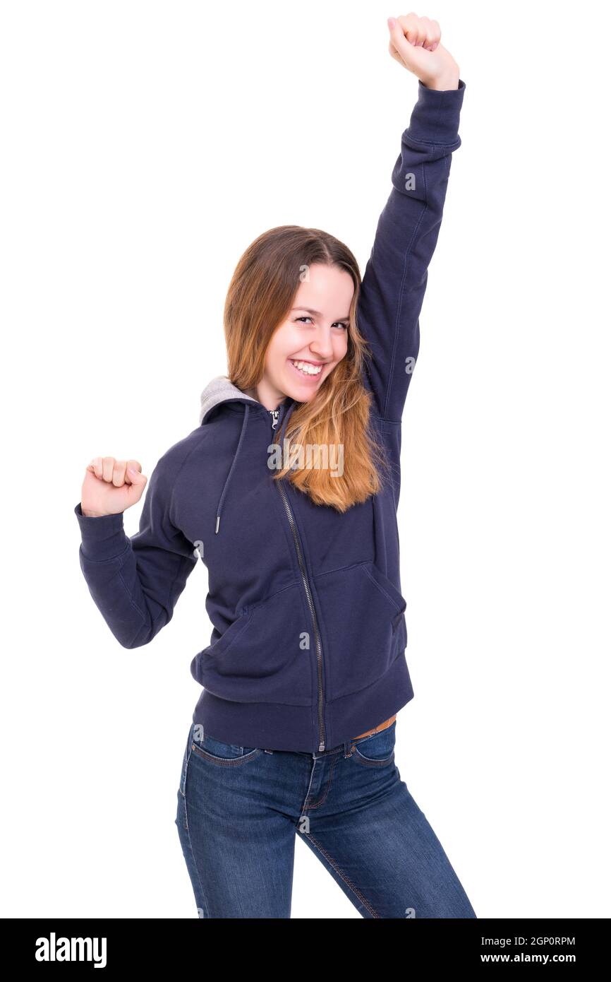 Studio shot: Happy woman with raised arms Stock Photo - Alamy