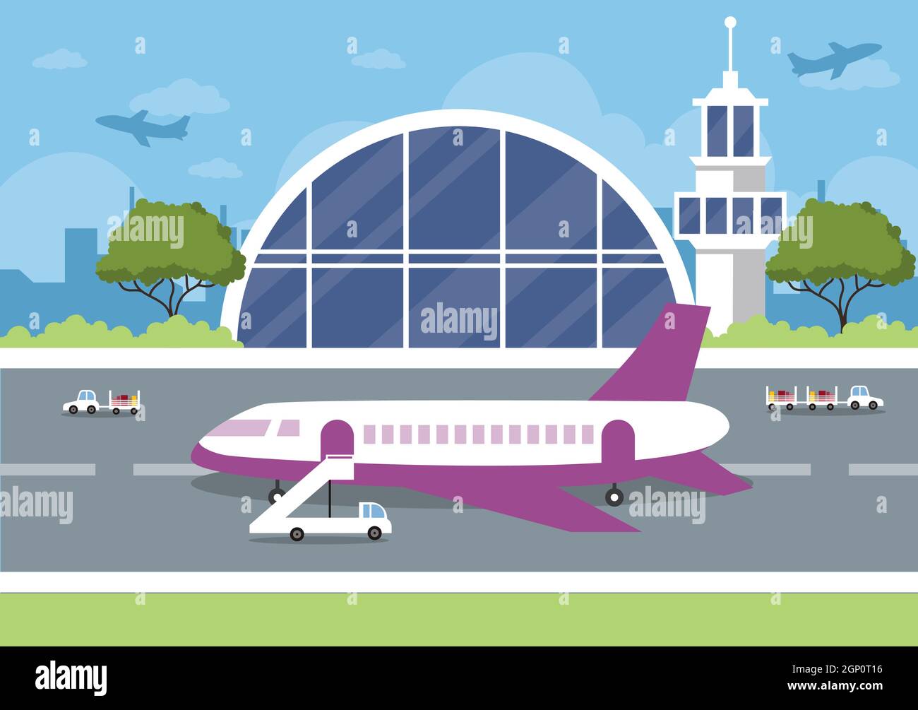 Airport Terminal building with infographic aircraft taking off and Different transport types