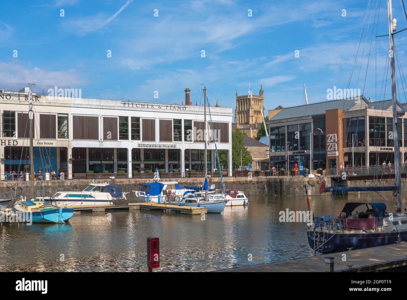 Bristol harbour, view in summer of leisure boats moored along Bordeaux Quay in the popular Harbourside area of Bristol, England, UK Stock Photo