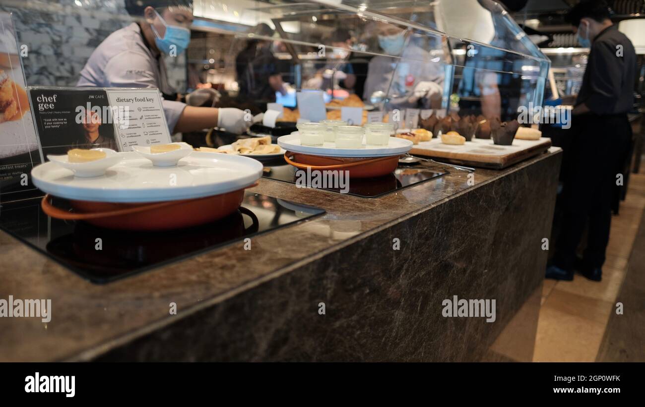 Bakery Counter Section at Five Star Hotel Breakfast Buffet Stock Photo