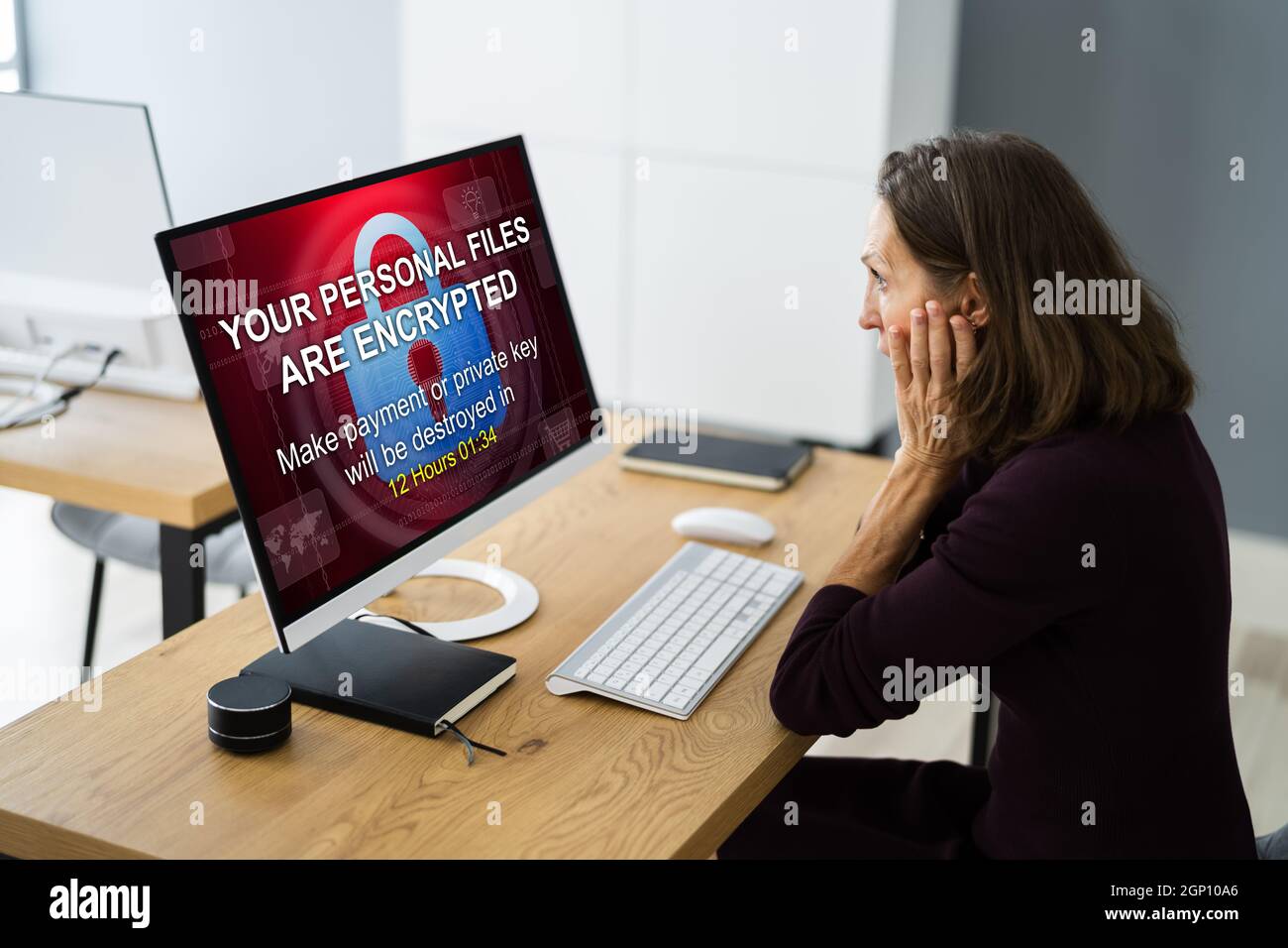 Ransomware Cyber Attack Hacker Text. Security Breach Stock Photo
