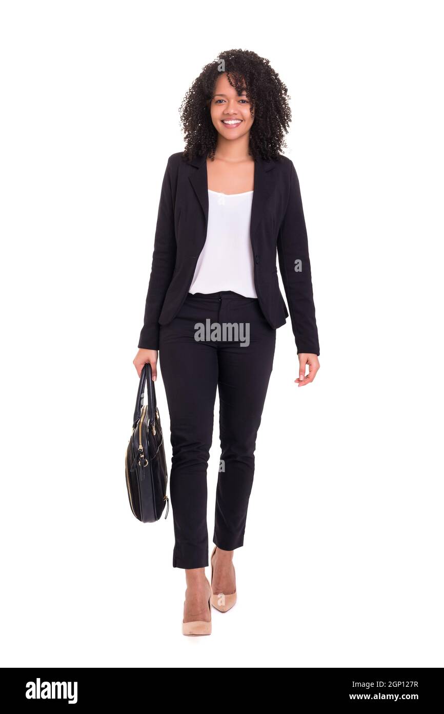 Beautiful african business woman posing isolated over white background ...
