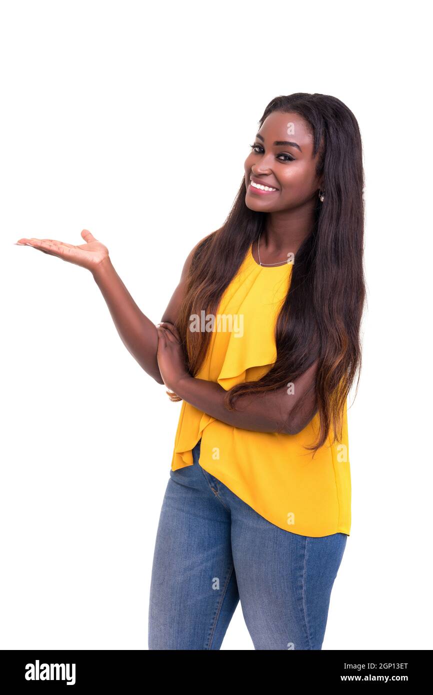 Beautiful african business woman presenting your product, isolated over white Stock Photo