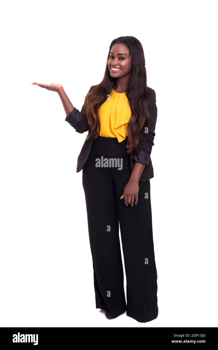 Beautiful african business woman presenting your product, isolated over white Stock Photo