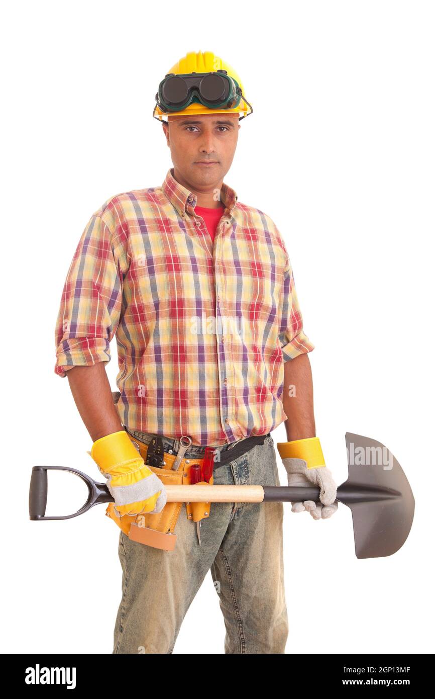 Construction worker, isolated over white background Stock Photo