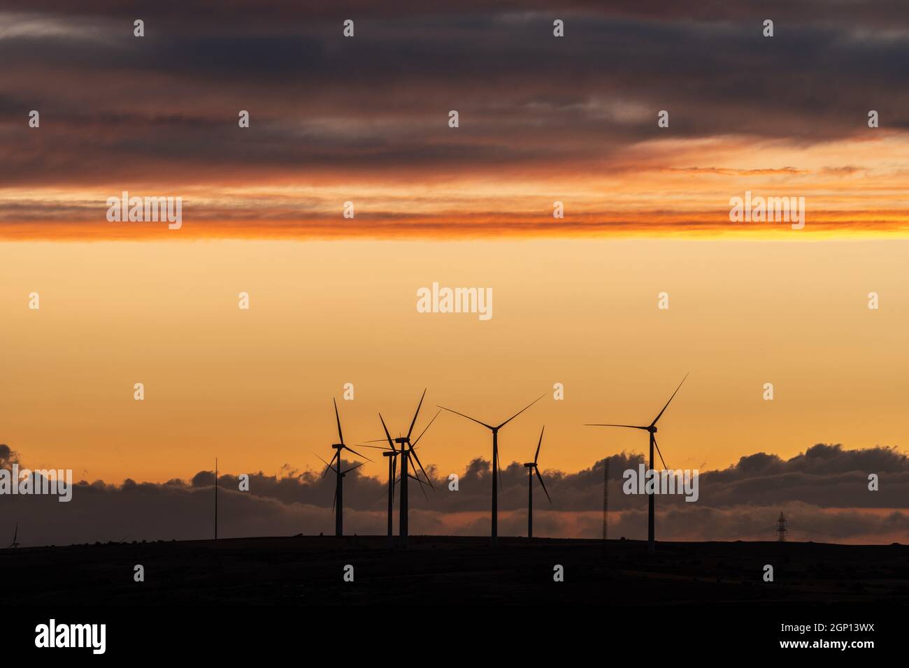 Production of electrical energy with wind mills in a sustainable way with renewable energies at sunset Stock Photo