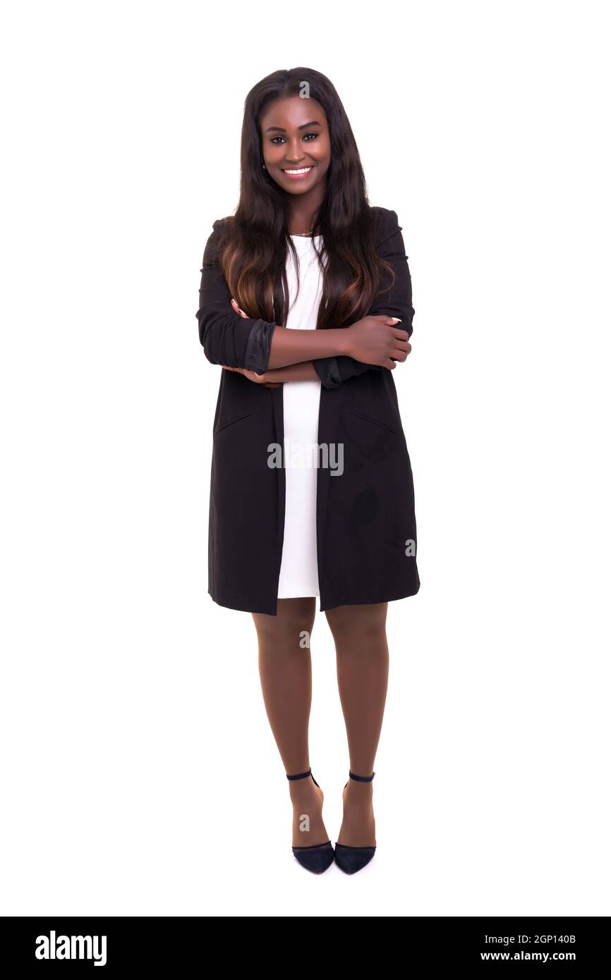 Beautiful african business woman posing isolated over white background ...