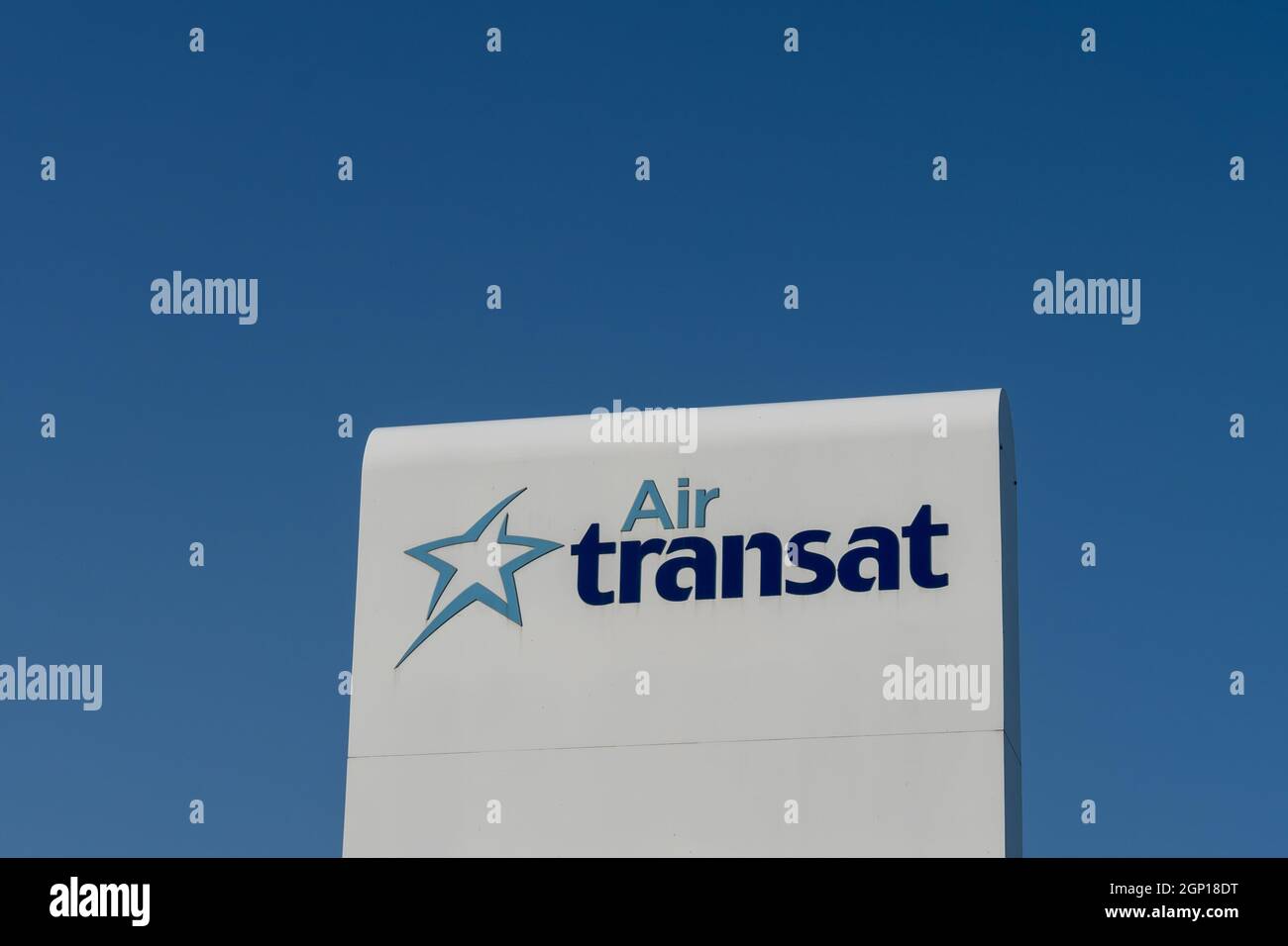 Montreal, QC, Canada - September 4, 2021: Close up of Air Transat sign at their headquarters in Montreal, QC, Canada. Stock Photo