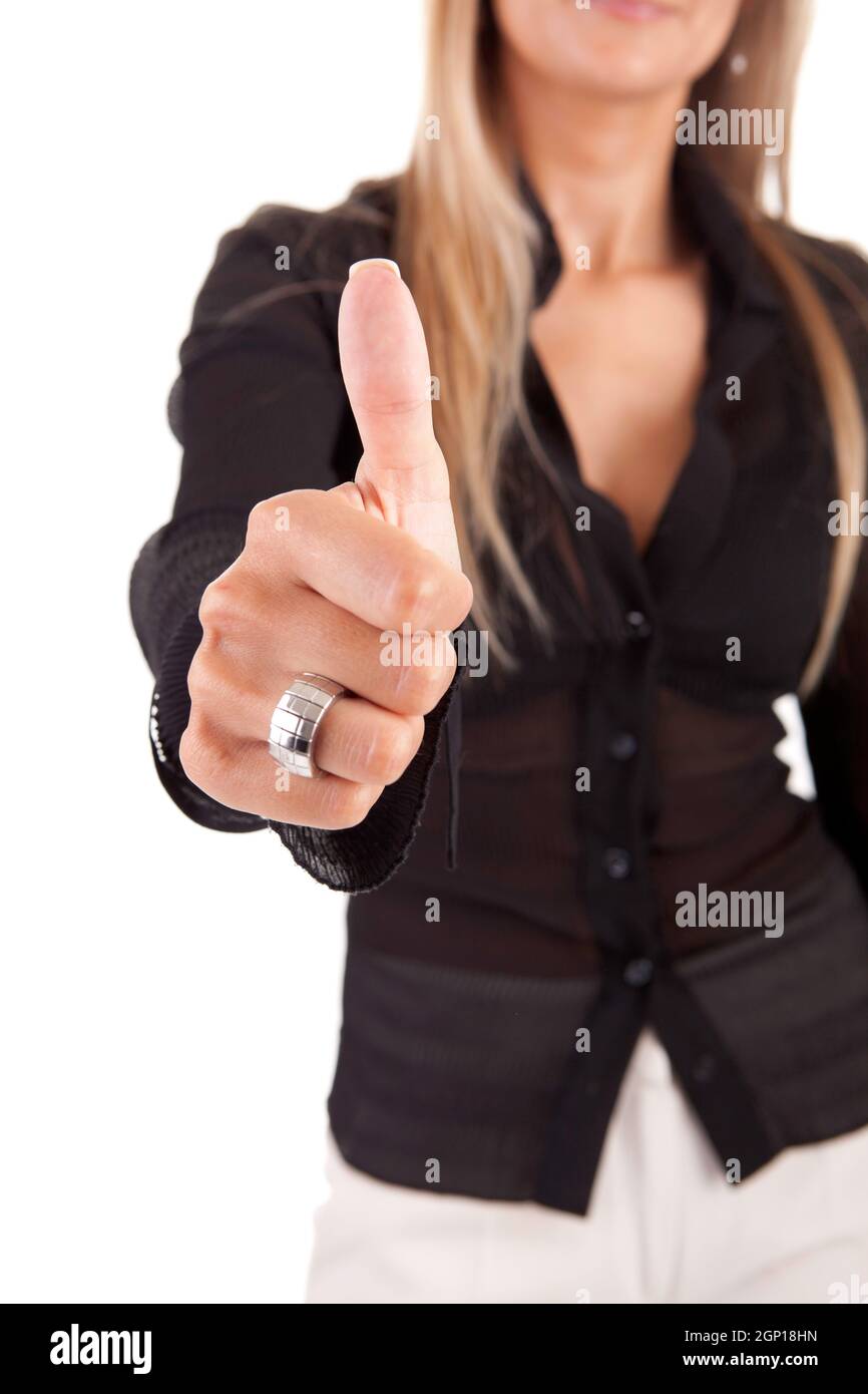Business woman showing thumb up, isolated over white Stock Photo - Alamy