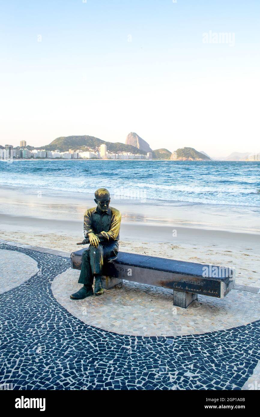 Carlos Drummond De Andrade sculpture or statue in the landmark promenade of the Copacabana Beach in Rio de Janeiro, Brazil. This place is a famous tou Stock Photo