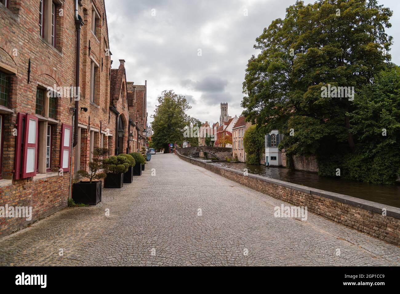old road near by the river in brugge (Belgium), historical village Stock Photo