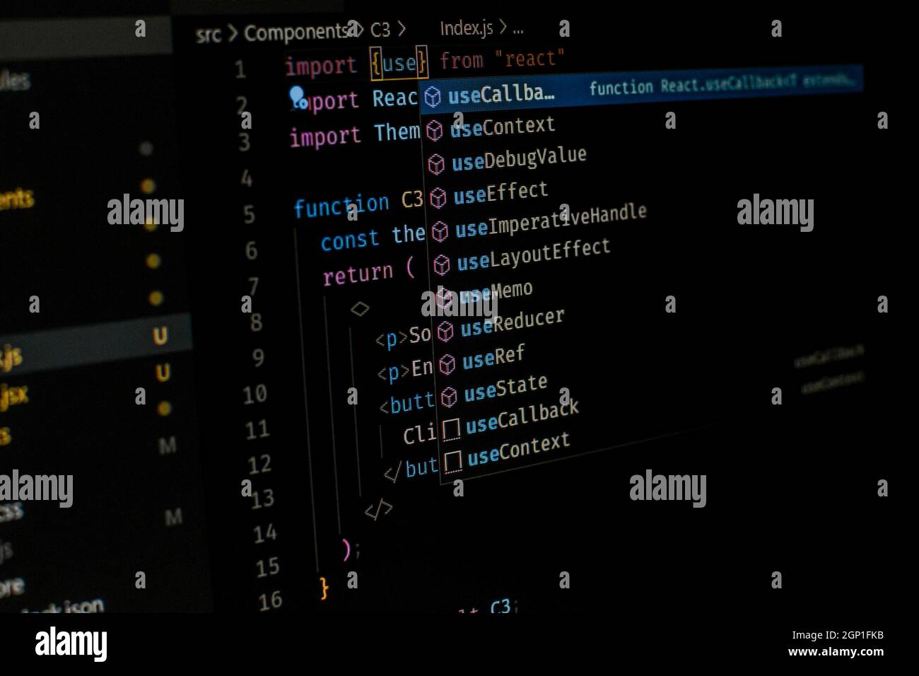 Side shot of a code editor using react js Stock Photo - Alamy