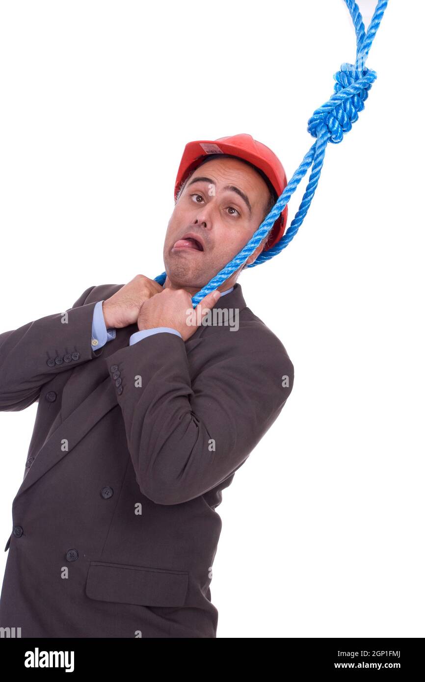 Business man hanging on a rope, isolated over white background Stock Photo  - Alamy