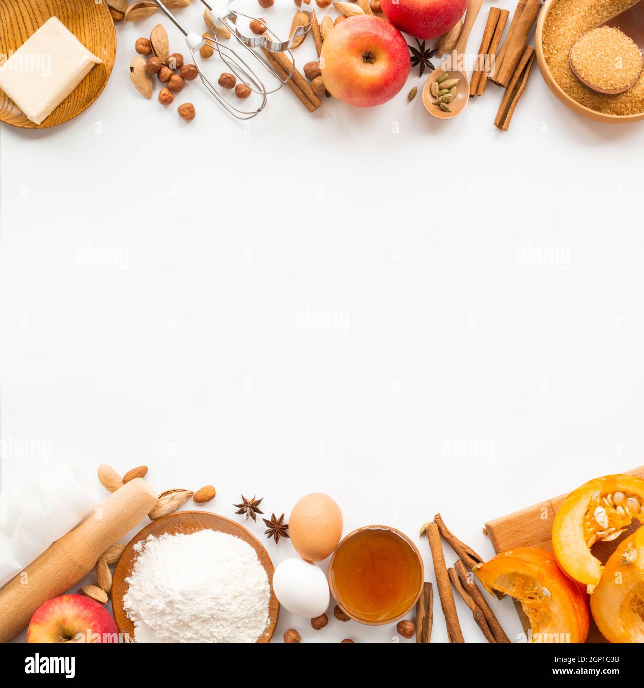Autumn baking background border frame design with copy space for text.  Cooking ingredients pumpkin, apples, wheat, honey butter flour nuts,  toning, br Stock Photo - Alamy