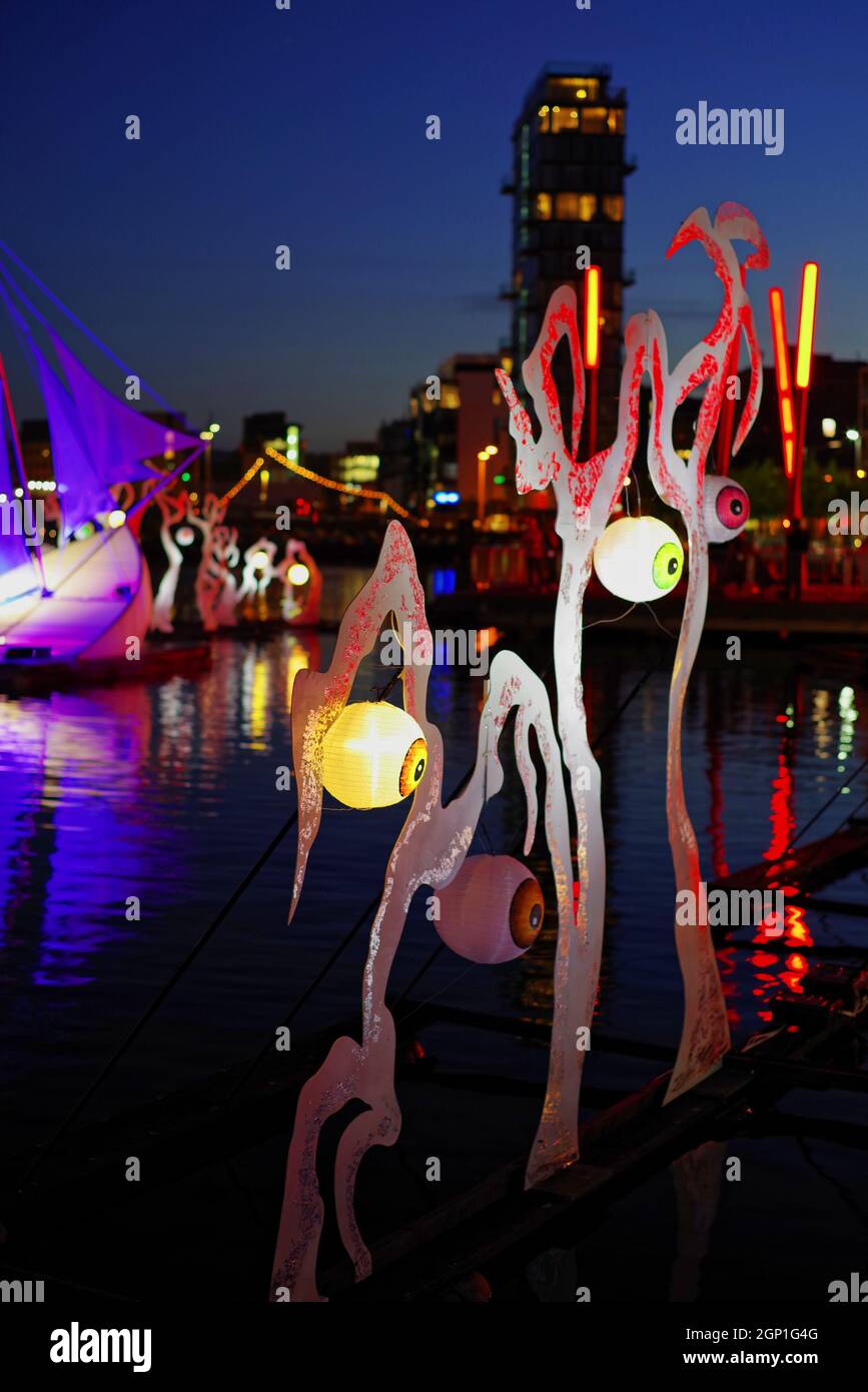 DUBLIN, IRELAND - Oct 27, 2019: Vertical shot of the Night Watch sound and visual installation floating on the water. The Bram Stocker Festival in Dub Stock Photo