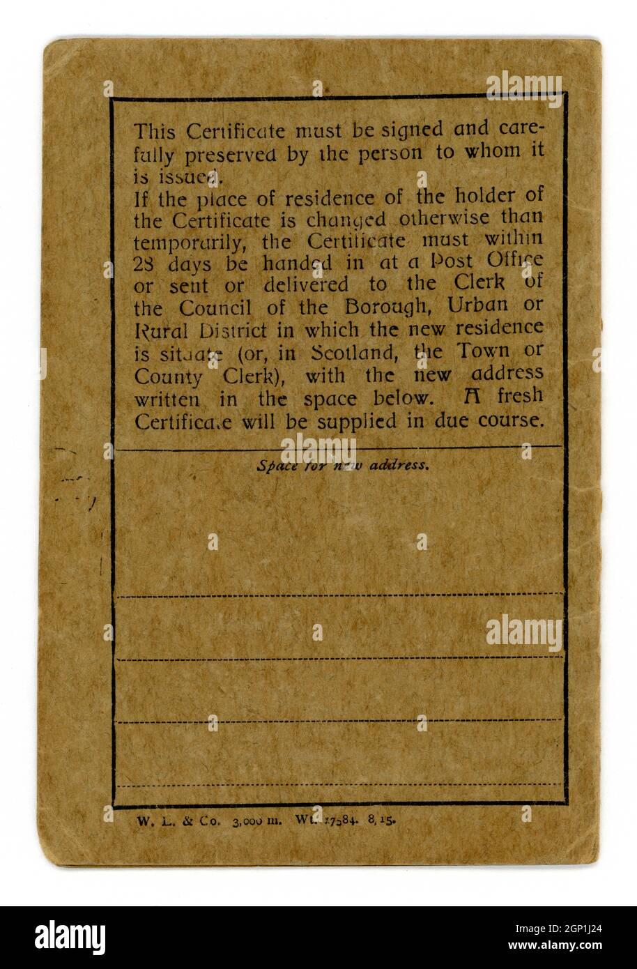 First World War National Registration Act 1915 card belonging to George Spiers Smith, Head Assistant, 38. Stamped - Whitley & Monkseaton Urban District Council, Northumberland by a recruiting officer 0n 6  December 1916 Stock Photo