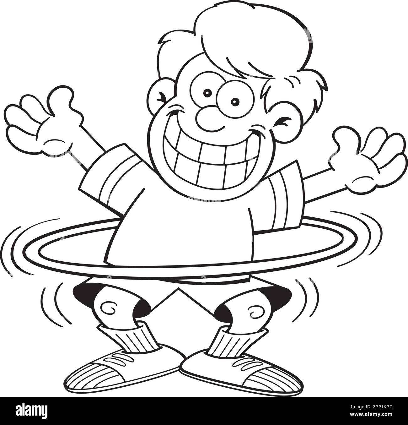 Black and white illustration of a boy playing with a hula hoop. Stock Vector