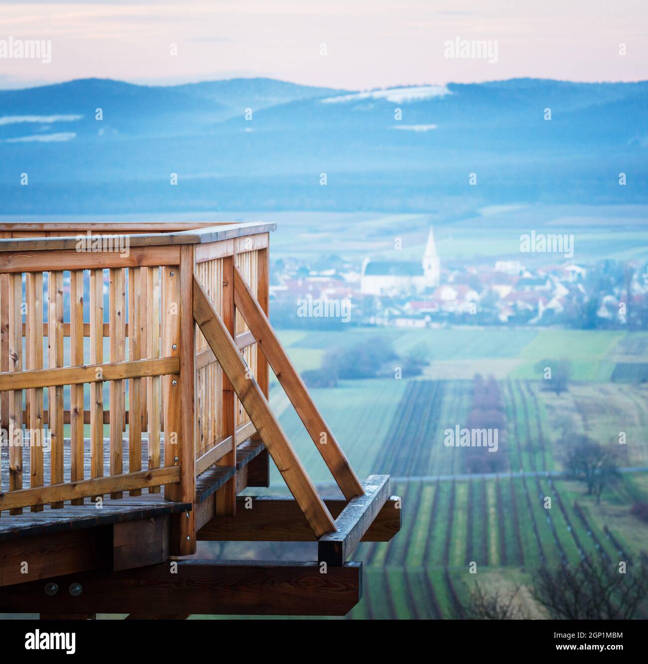 Wooden lookout platform near the village of Schützen im Gebirge Burgenland Austria Stock Photo
