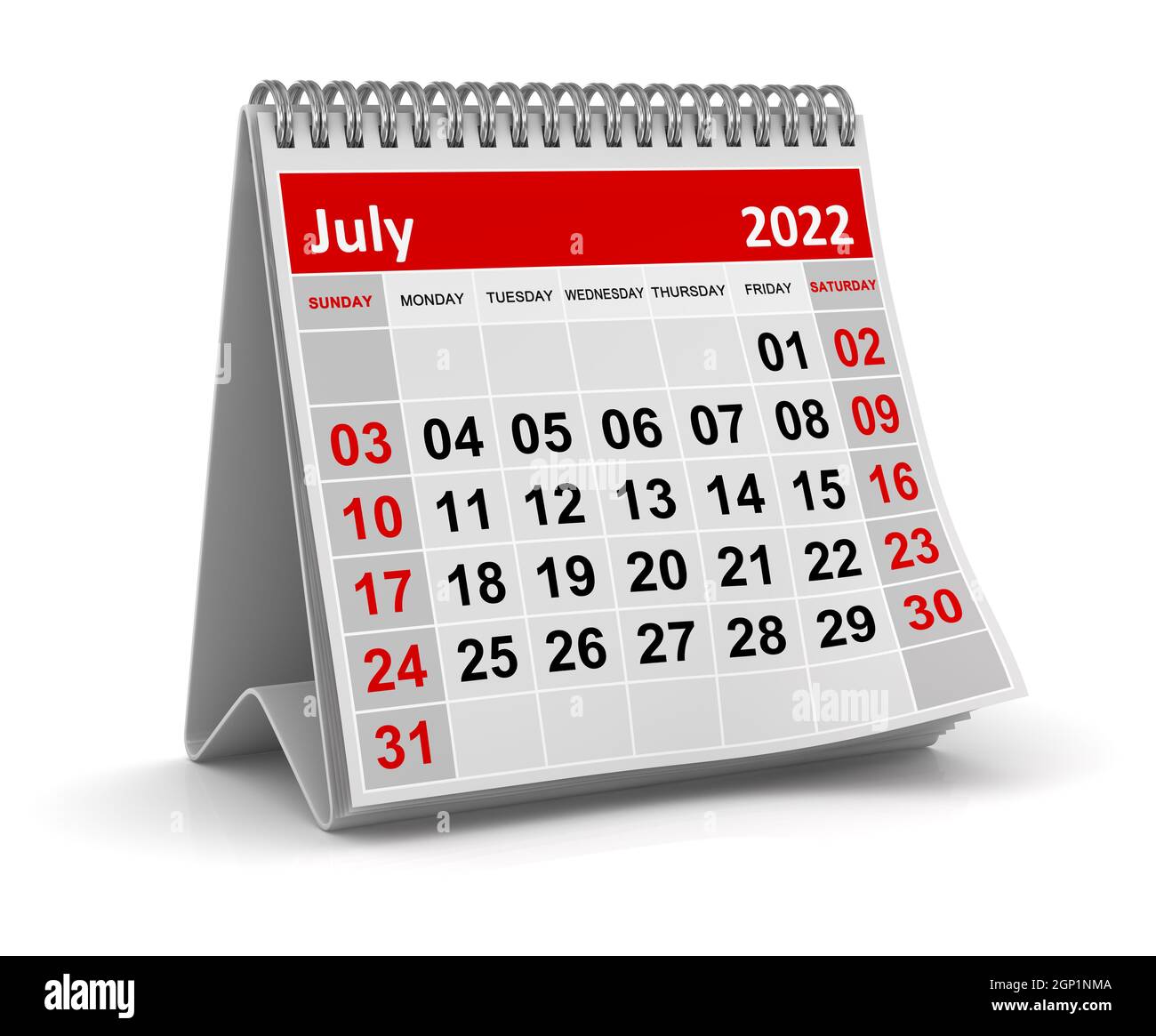 Calendar - July 2022 , This is a 3d rendered computer generated image. Isolated on white. Stock Photo