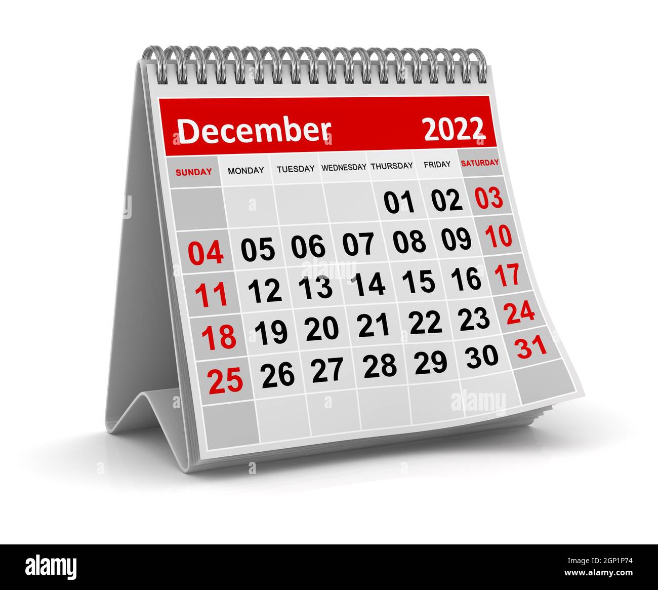 Calendar - December 2022 , This is a 3d rendered computer generated image. Isolated on white. Stock Photo