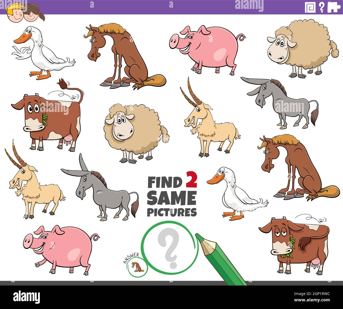 find two same farm animals educational task for children Stock Vector