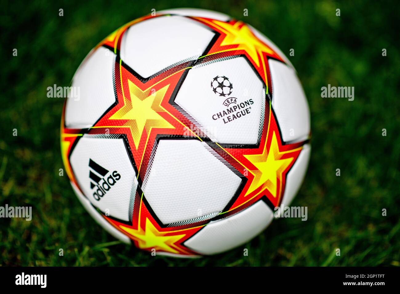 Close up of Adidas UEFA Champions League Football 21/22. Stock Photo