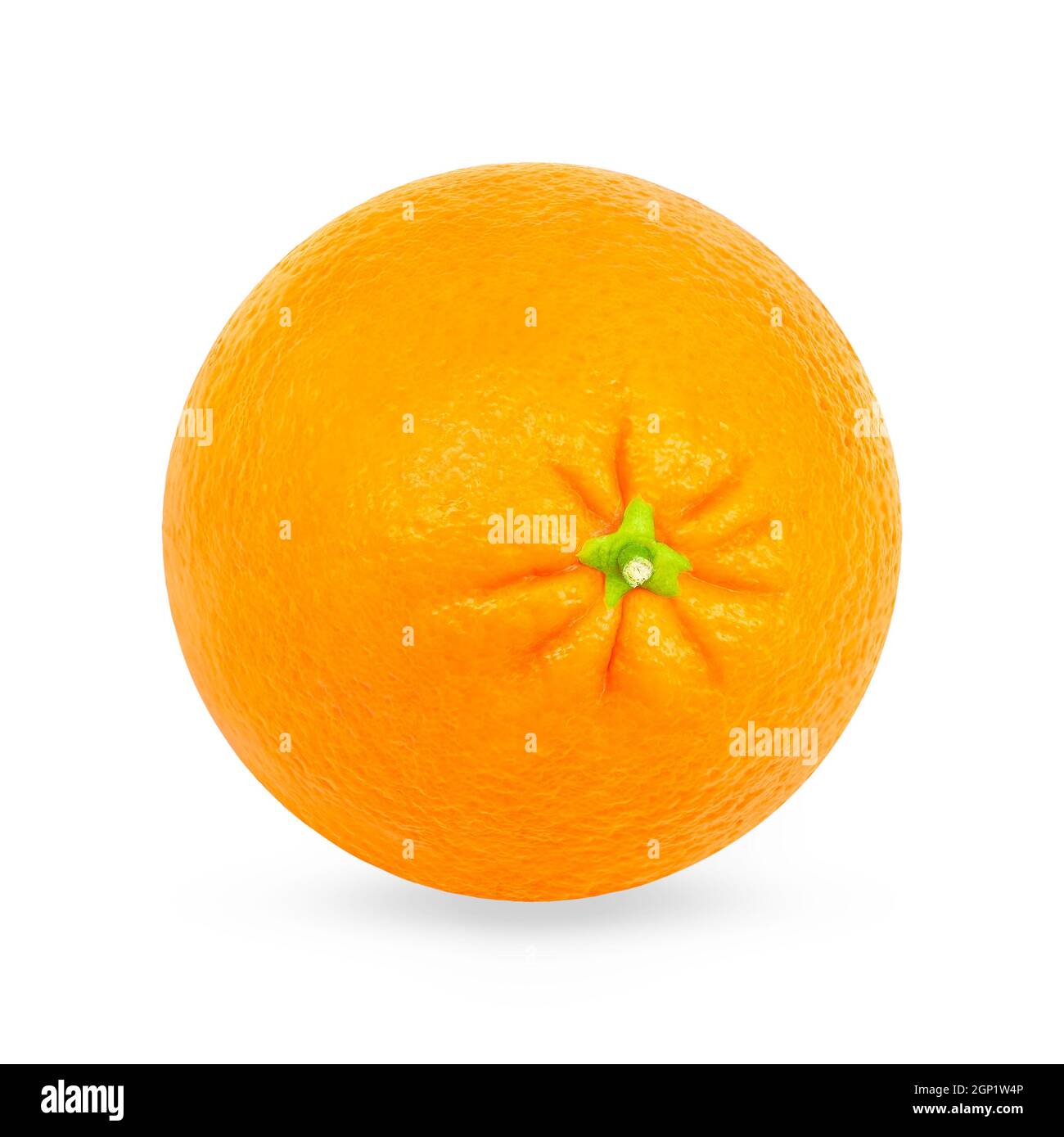 Isolated oranges. One whole ripe orange fruit on white background with clipping path for package design. Full depth of field. Stock Photo