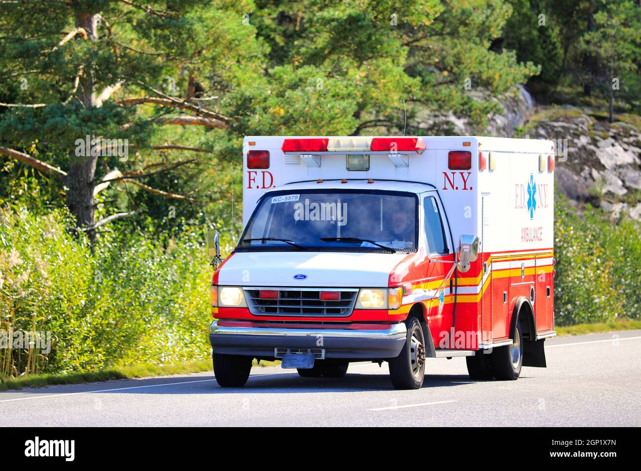 New York City Fire Department, FDNY, Ford E-350 ambulance, early 1990s, on the move in Finland. Road 52, Salo, Finland. September 10, 2021. Stock Photo