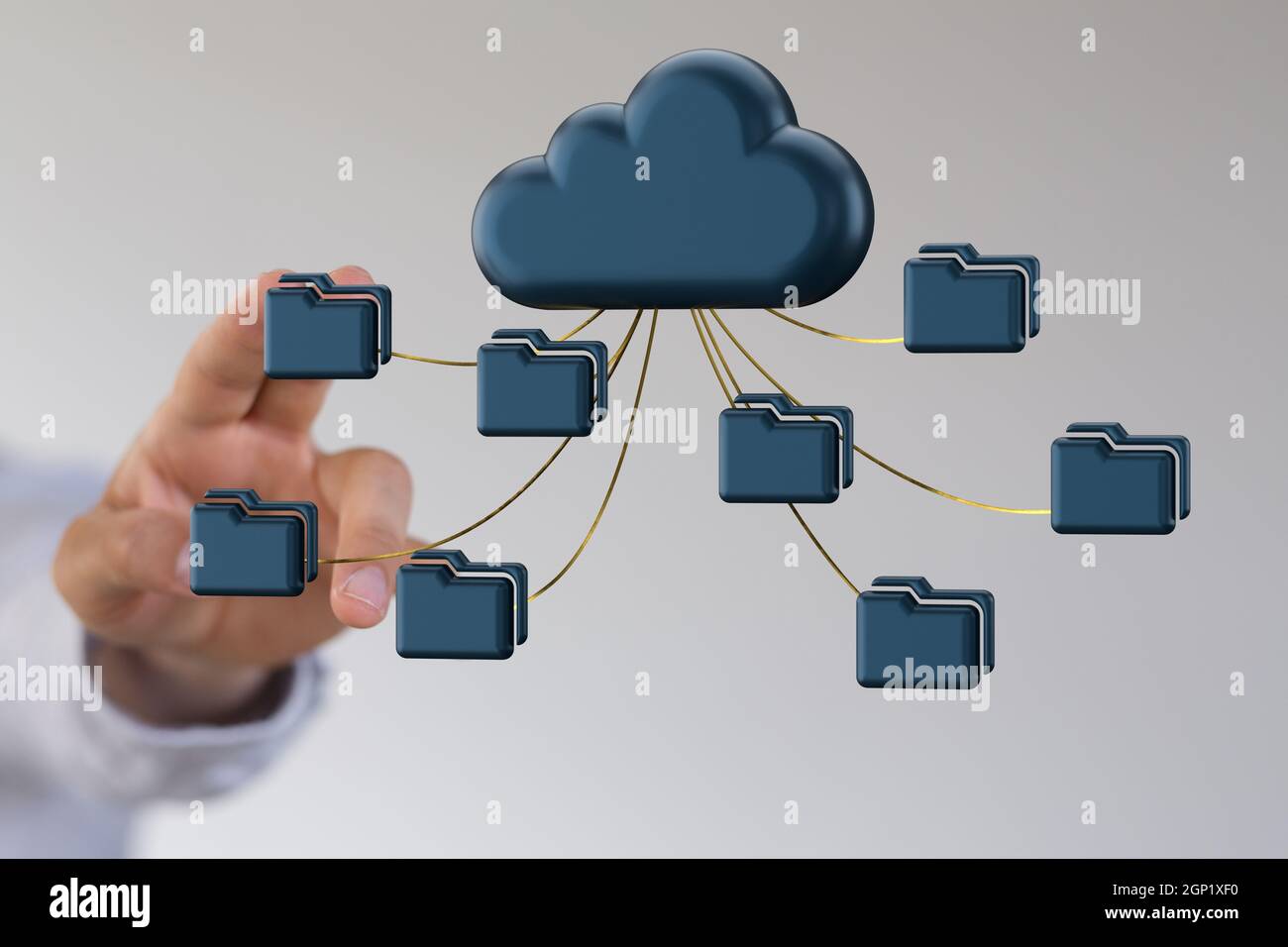 3d rendering of blue computer folders connected to a data cloud on a ...