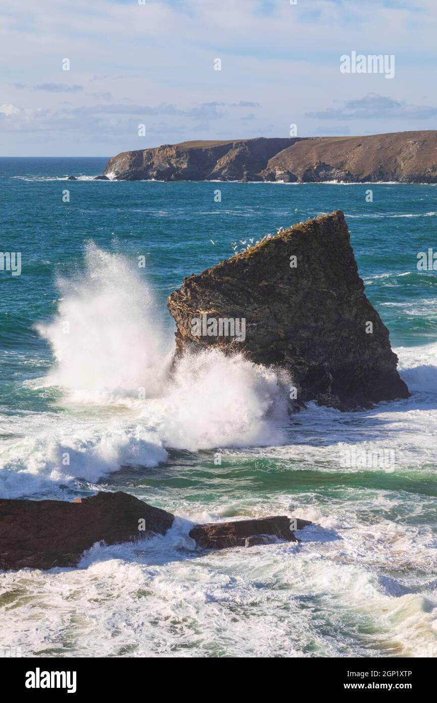 Seastack pounded by Atlantic Waves Bedruthan Steps Stock Photo