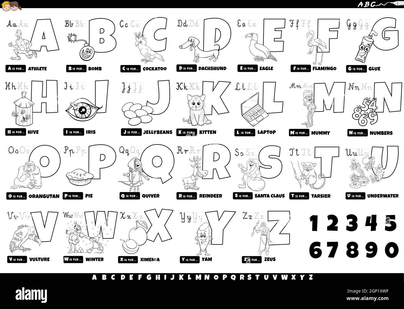 black and white alphabet with cartoon characters and objects set Stock Vector