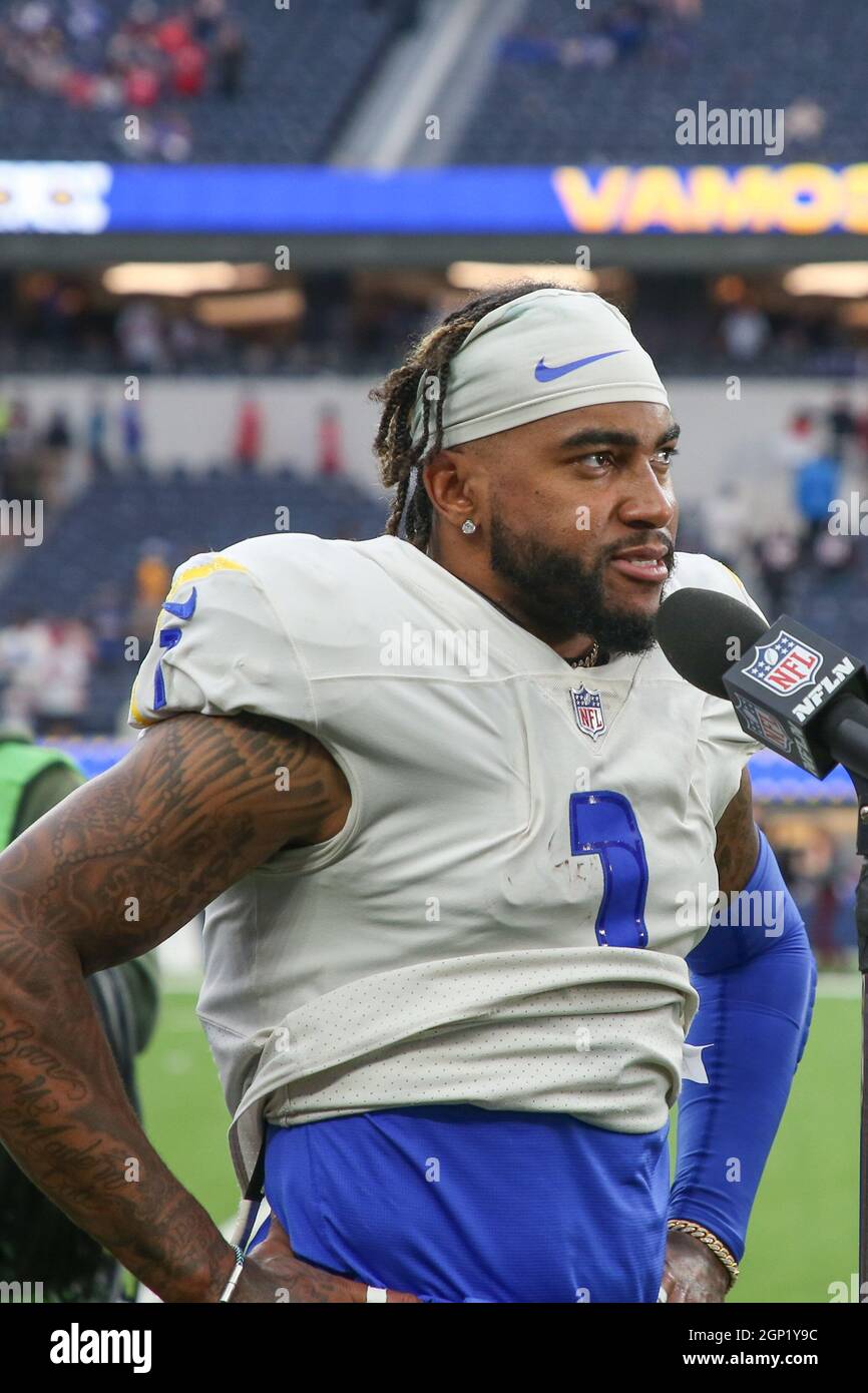 Sunday, September 26, 2021; Englewood, CA USA; Los Angeles Rams wide  receiver DeSean Jackson (1) is interviewed by the NFL Networks after an NFL  game against the Tampa Bay Buccaneers at SoFi