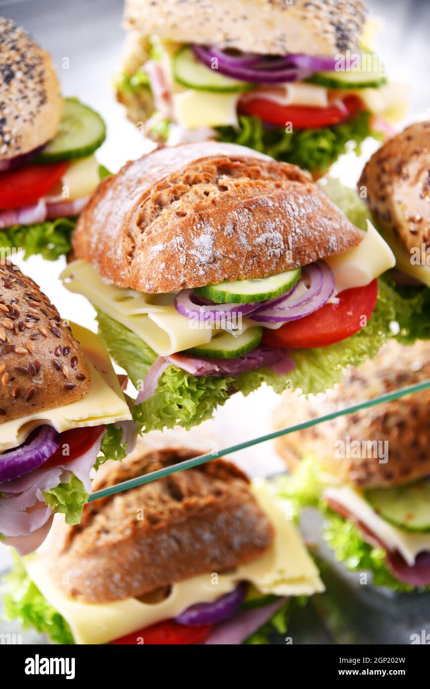 Ham and cheese sandwiches displayed for sale Stock Photo Alamy