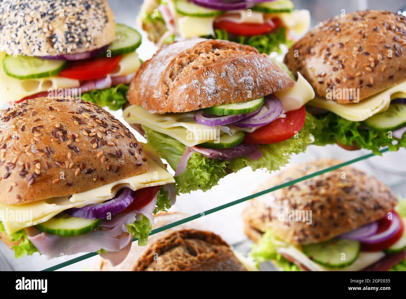 Ham and cheese sandwiches displayed for sale Stock Photo Alamy